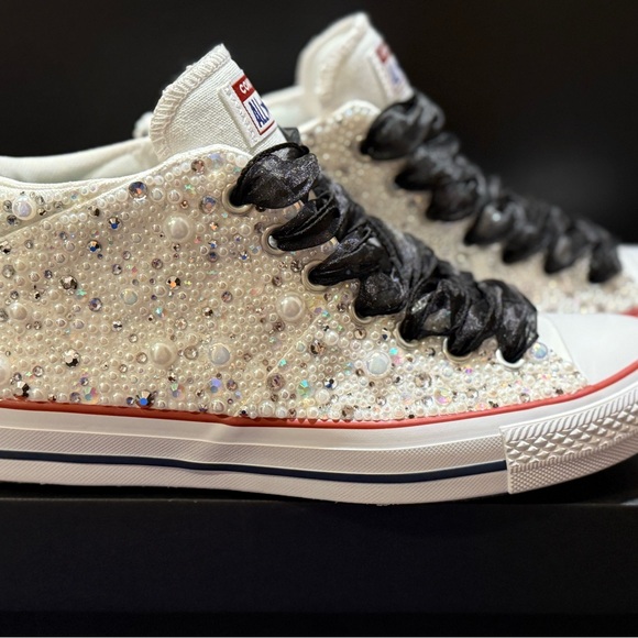 Converse Shoes - Converse White and Black Iridescent Bling Beaded Sneakers